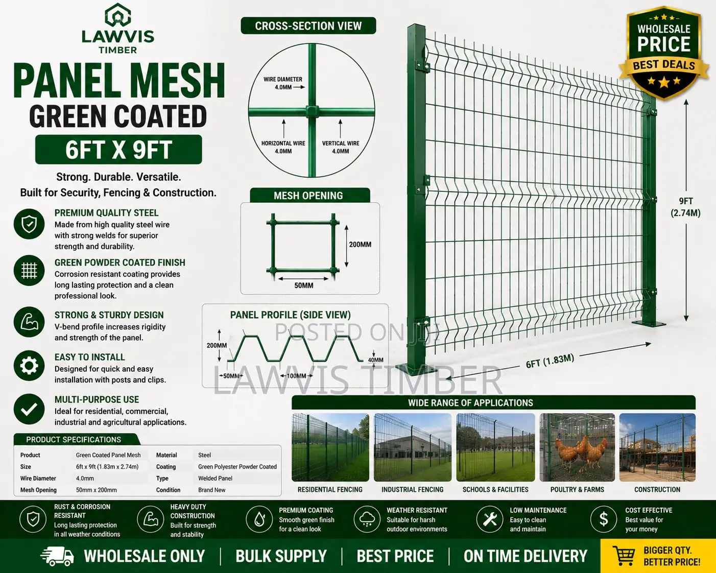 Green Coated Panel Mesh 6ft × 9ft | Heavy Duty Security Fence Panel