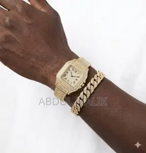Men's Iced Out Gold Watch and Cuban Link Bracelet Combo Set