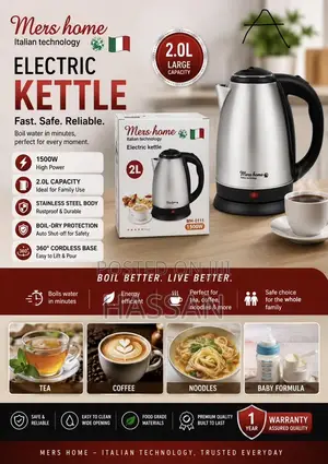 Italian Electric Stainless Steel Silver Kettle 2L
