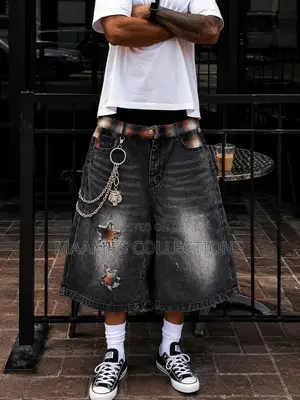 Men’s Oversized Distressed Denim Jorts – Streetwear Baggy Shorts