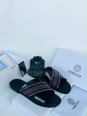Versace Executive Men's Black Leather Cross Slippers