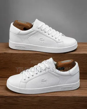 All White Lacoste Lace Up Leather Sneakers