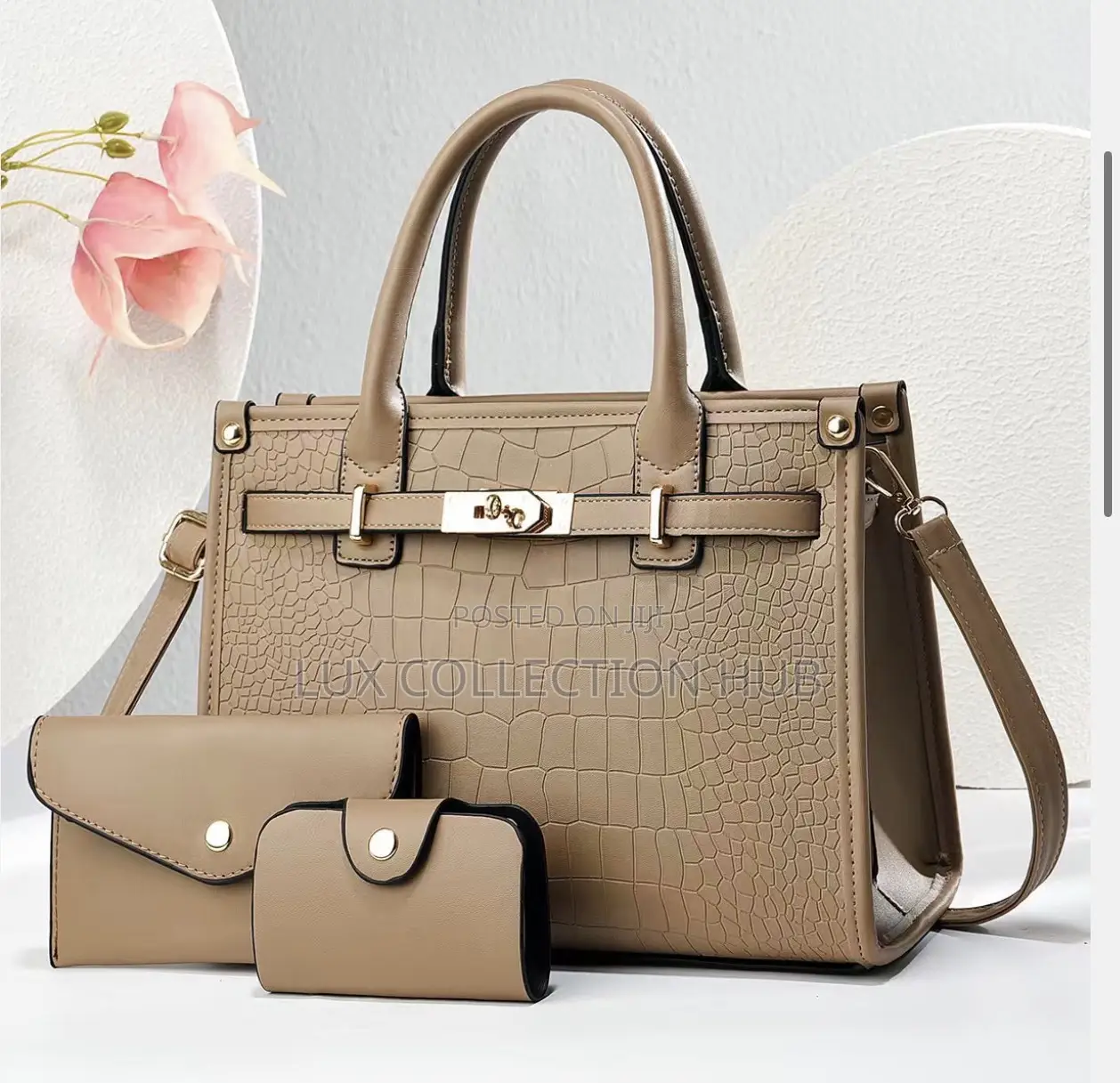Crocodile-Embossed Birkin-Style Top Handle Satchel Bag.