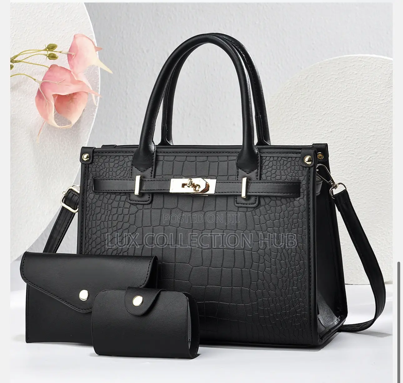Crocodile-Embossed Birkin-Style Top Handle Satchel Bag.
