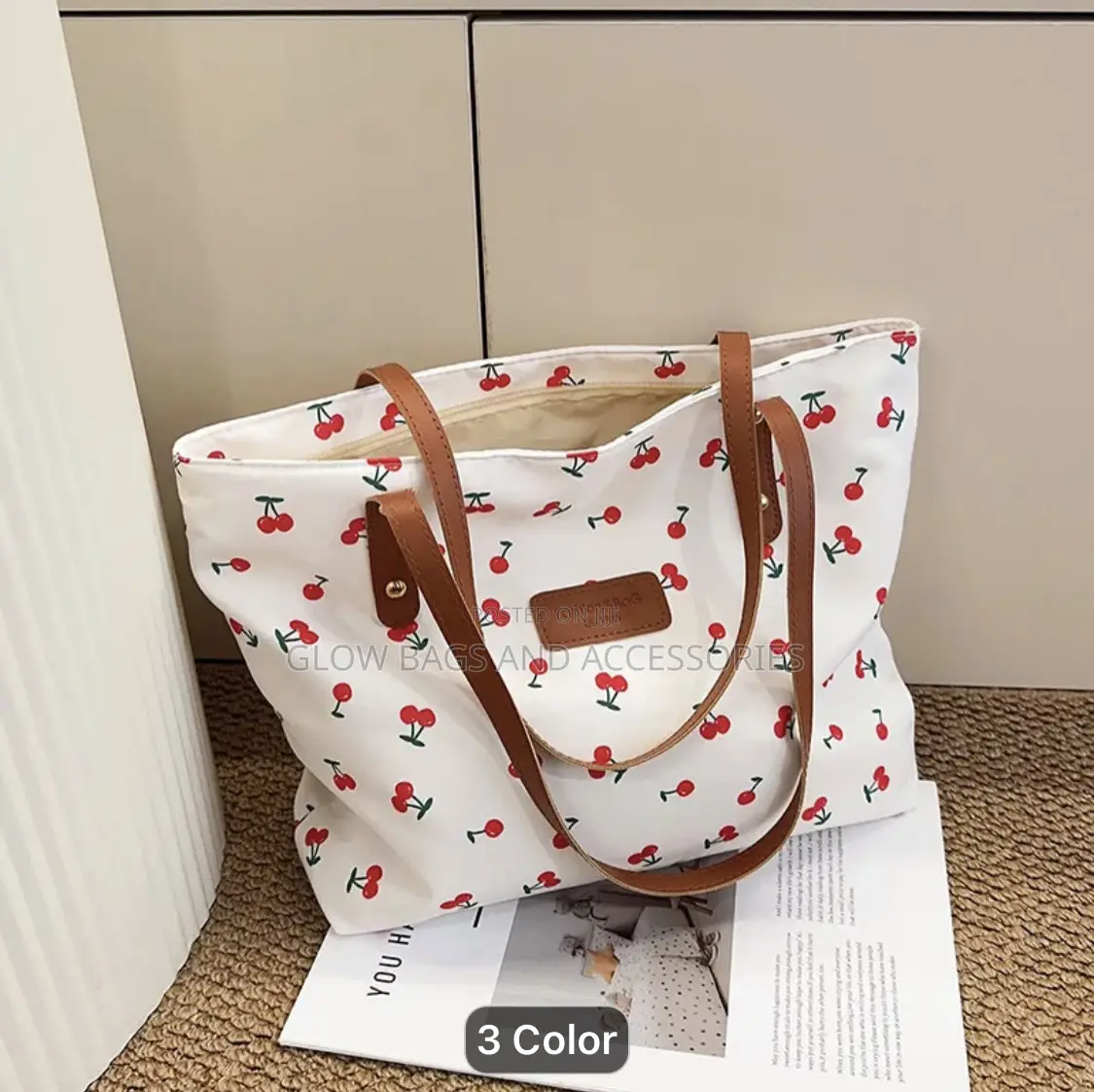 Cherry Print Canvas Tote Bag for Ladies - White