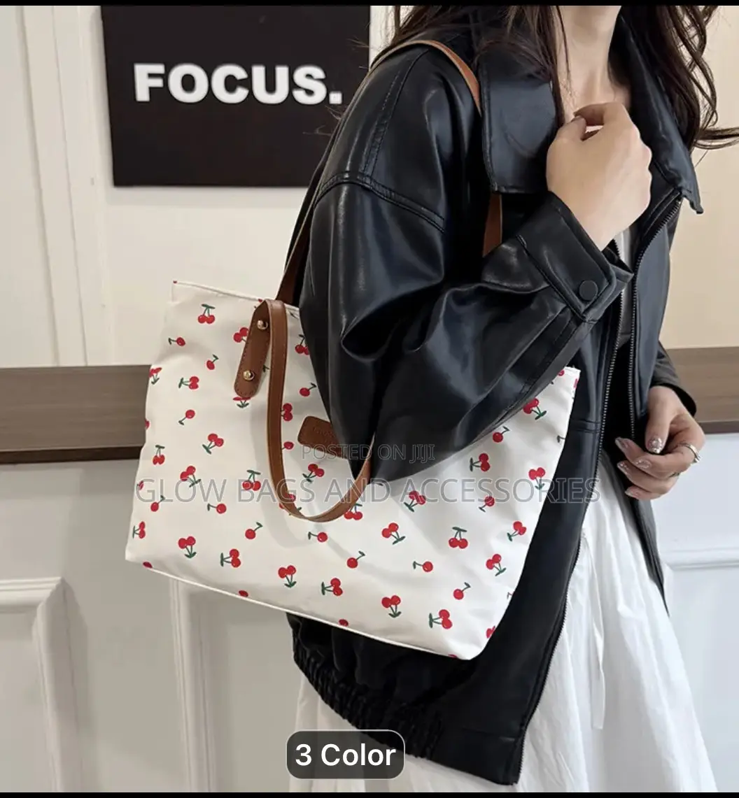 Cherry Print Canvas Tote Bag for Ladies - White
