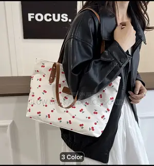 Cherry Print Canvas Tote Bag for Ladies - White