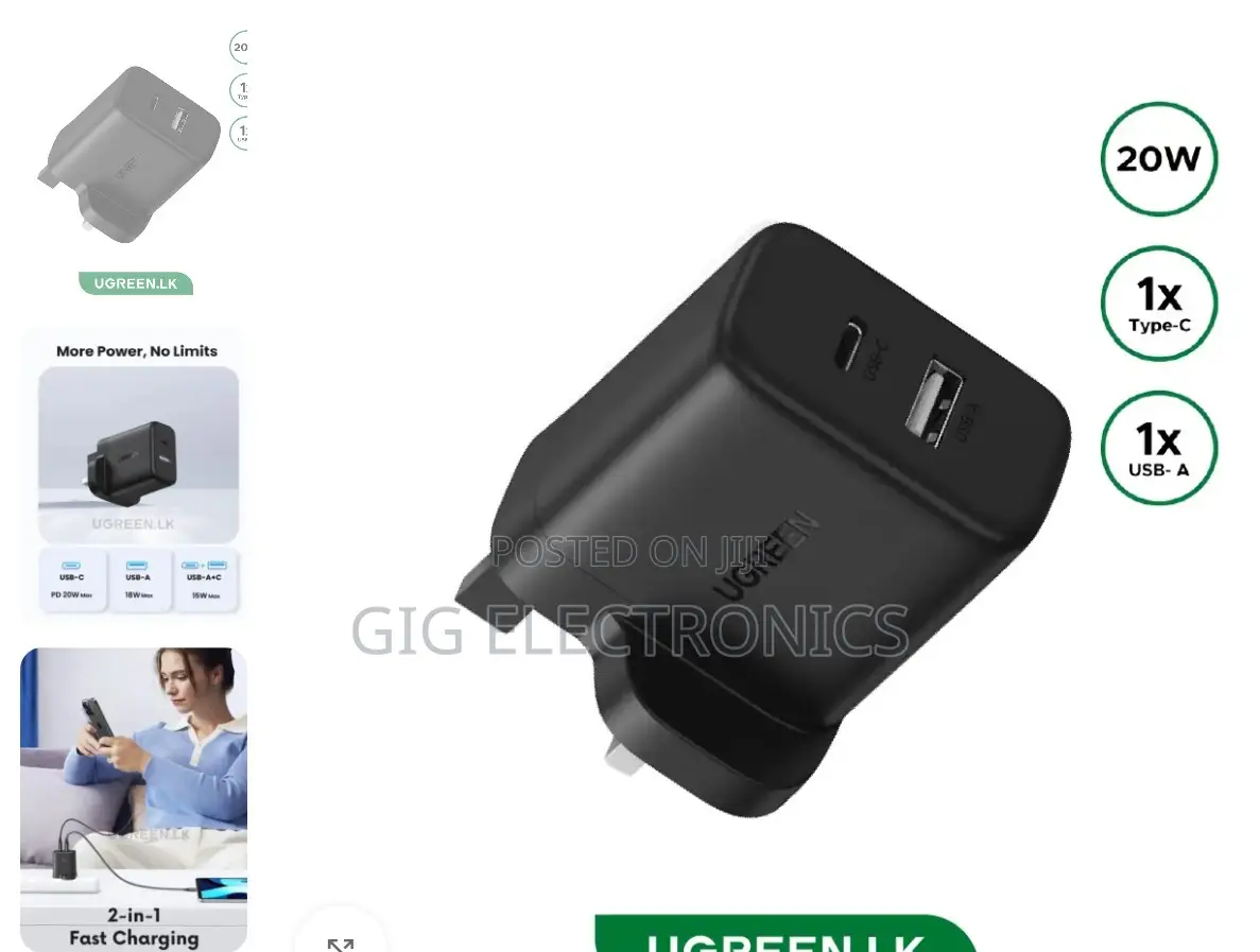 UGREEN 20W Type-C + USB a Port Fast Charger UK Pin (Black)