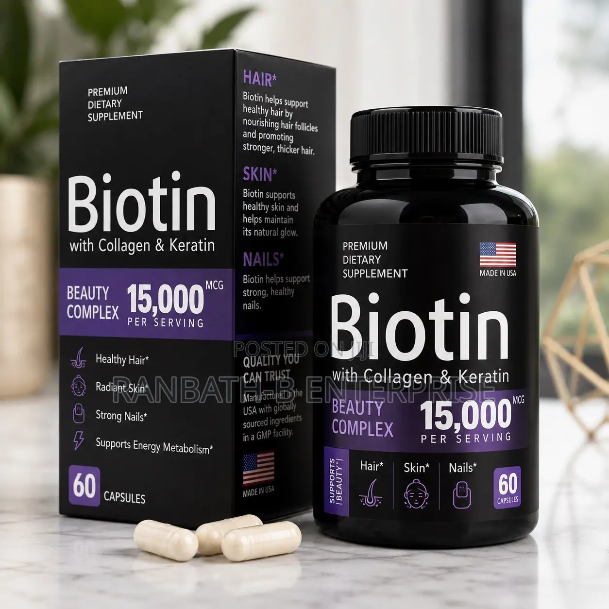 Biotin 15,000 MCG With Collagen Keratin – 60 Capsules