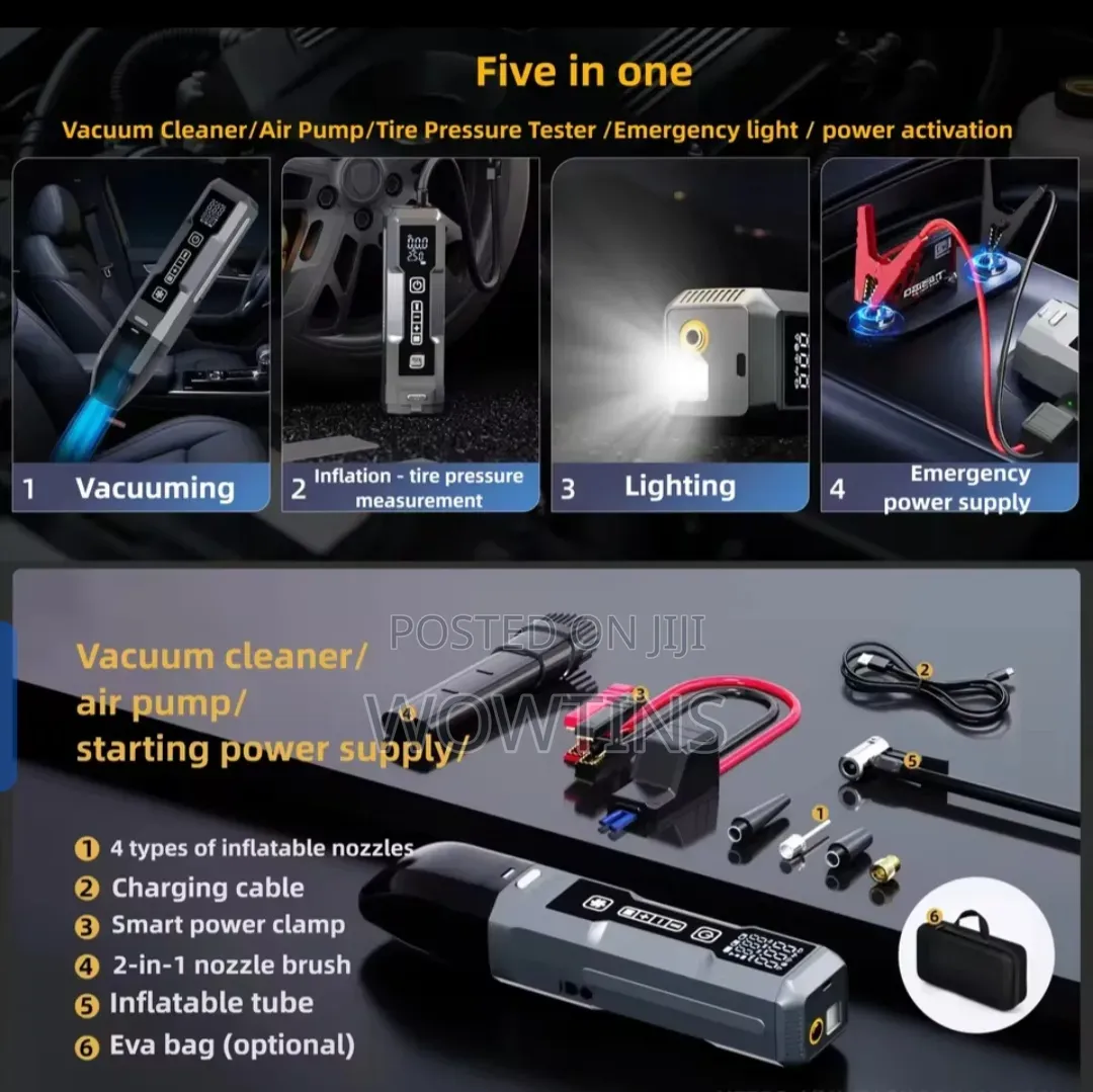 Multifunctional Vacuum Cleaner, Tire Inflator, Jump Starter Lighting