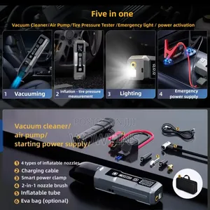Multifunctional Vacuum Cleaner, Tire Inflator, Jump Starter Lighting