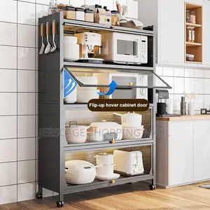 Modern Multi-Tier Kitchen Storage Cabinet With Fluted Glass Doors