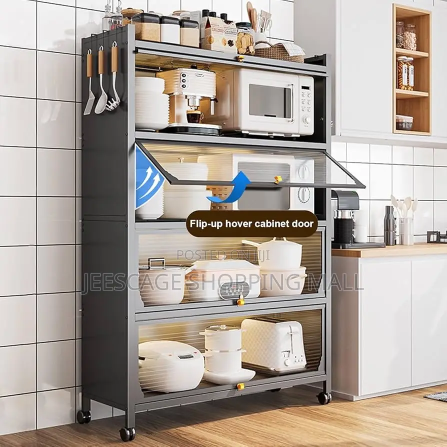 Modern Multi-Tier Kitchen Storage Cabinet With Fluted Glass Doors