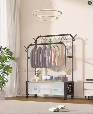 Double Rod Clothes Rack With Storage Drawers and Wheels