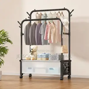 Double Rod Clothes Rack With Storage Drawers and Wheels