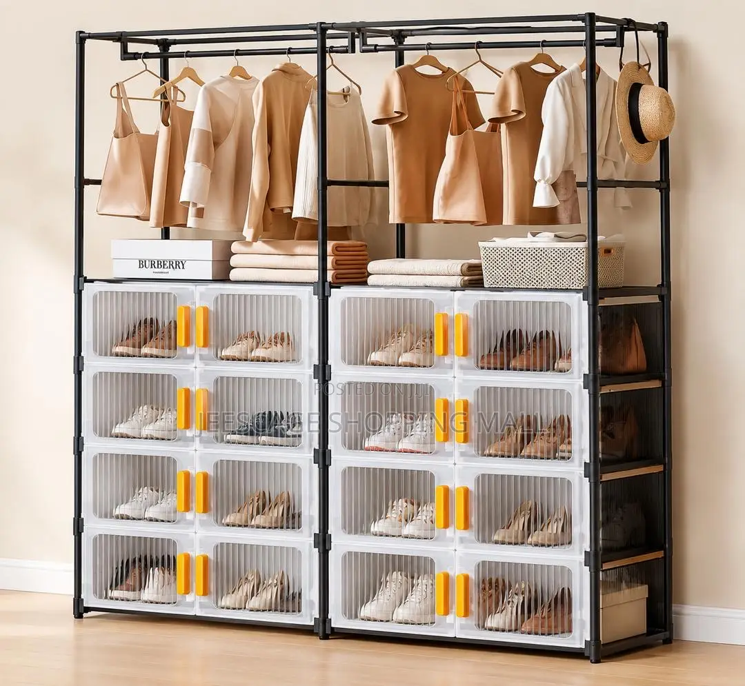 Freestanding Garment Rack With Multi-Tier Shoe Storage Clear Boxes
