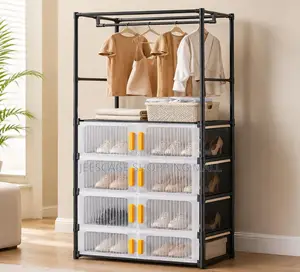 Freestanding Garment Rack With Multi-Tier Shoe Storage Clear Boxes