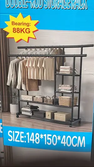 Double-Rod Clothing Storage Rack With Shelves