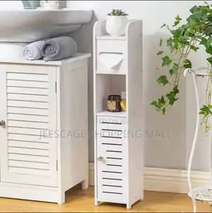 Slim White Bathroom Storage Cabinet With Toilet Paper Holder