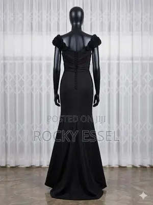 Elegant Black Off-the-Shoulder Evening Gown With Rosette Details