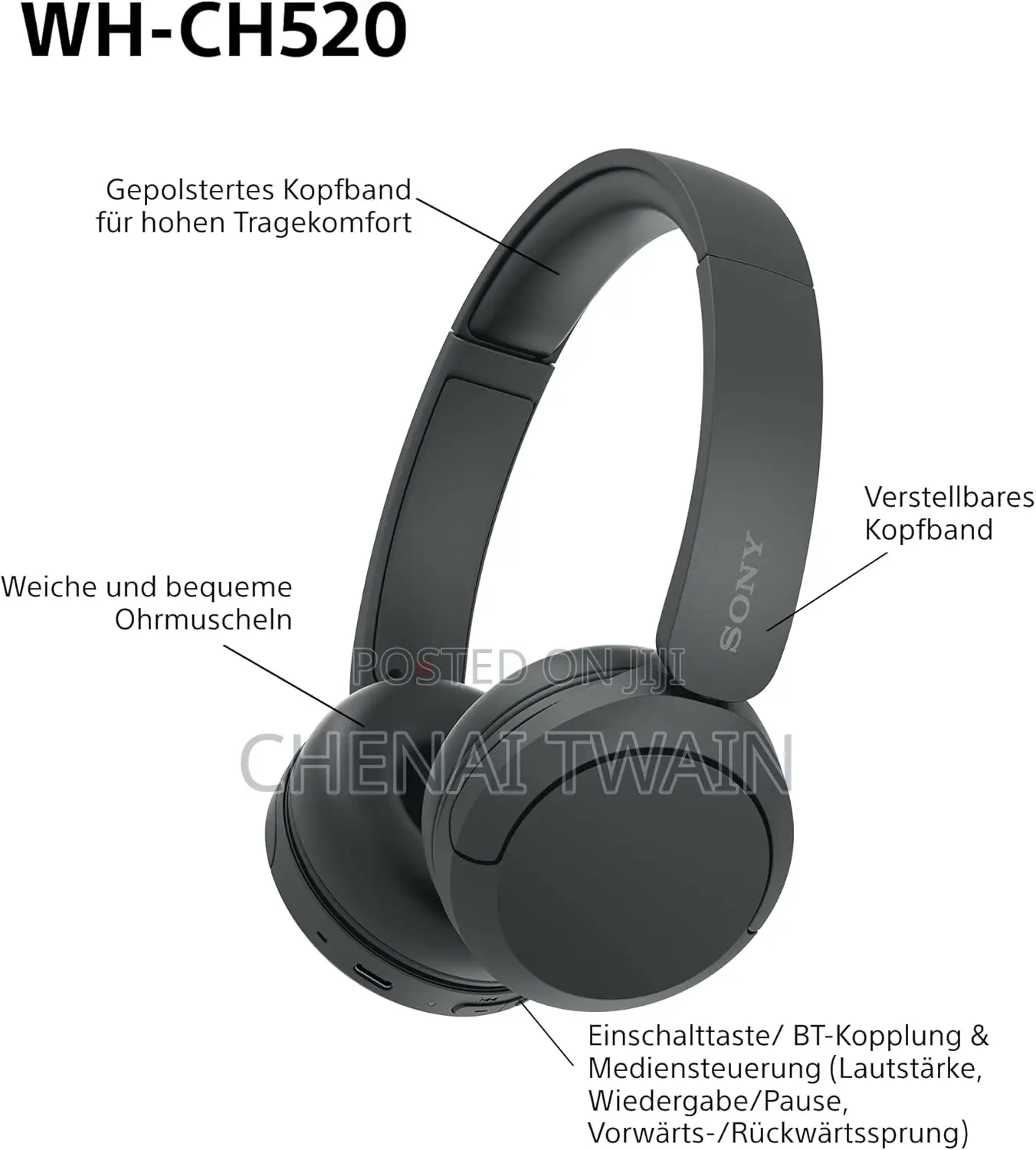 Sony Wh-Ch520 Wireless Bluetooth Headphones - Black