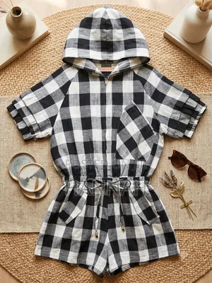 Black and White Short Sleeves Hoddy-Like Playsuit