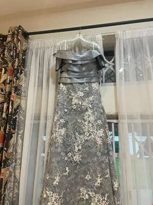 Silver Grey Off-the-Shoulder Embroidered Satin Gown