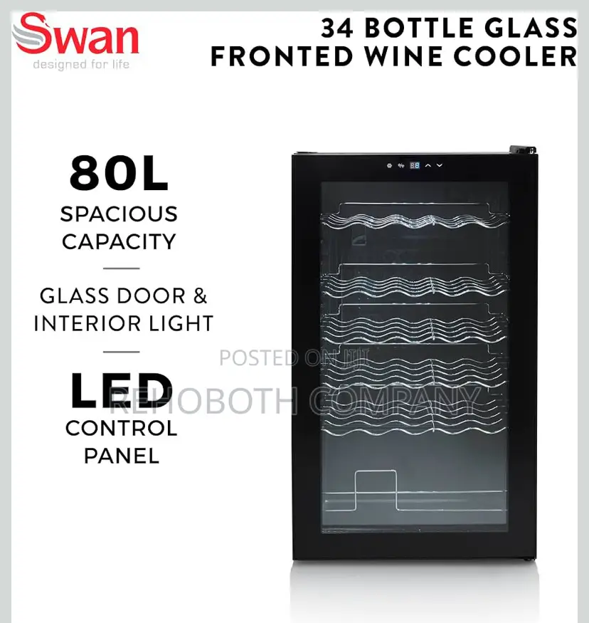Swan 34 Bottle Glass Fronted Wine Cooler, 80L Capacity, SR12040BN