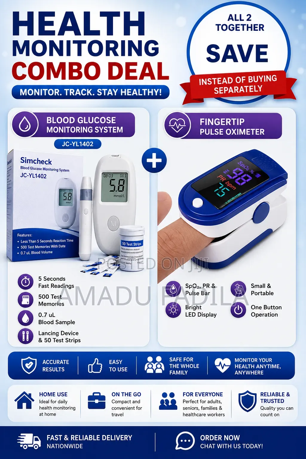 Blood Glucose Monitor + Fingertip Pulse Oximeter Combo (GH₵250):