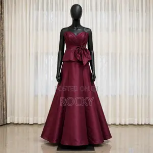 Burgundy Wine Strapless Peplum Bow Evening Gown