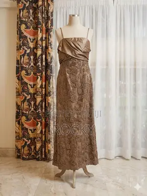 Bronze Gold Strapless Metallic Lace Pleated Evening Gown