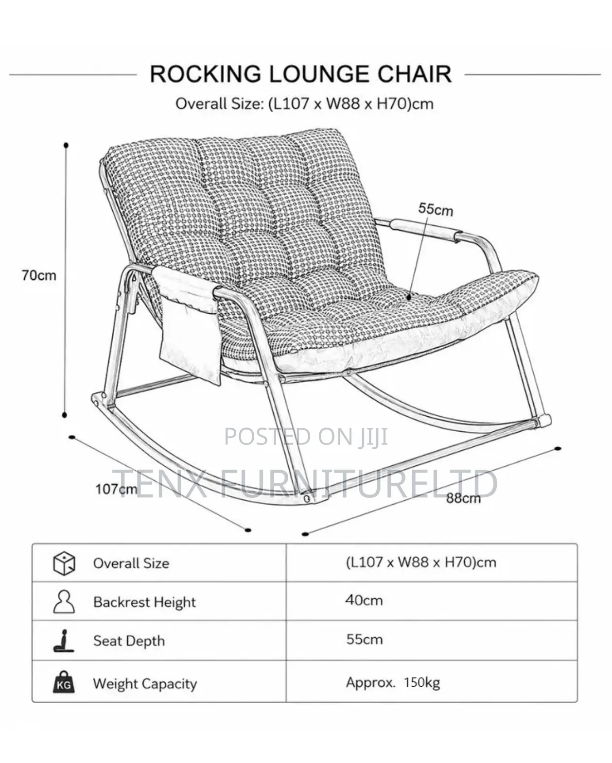 Rocking Chair With Side Pocket Anti-Tip Metal Base -