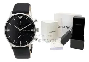 Armani Chronograph Leather Watch – Black Leather Strap Watch for Men