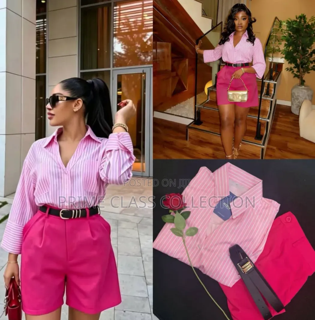 Ladies Pink Striped Shirt + Hot Pink High Waist Shorts Set