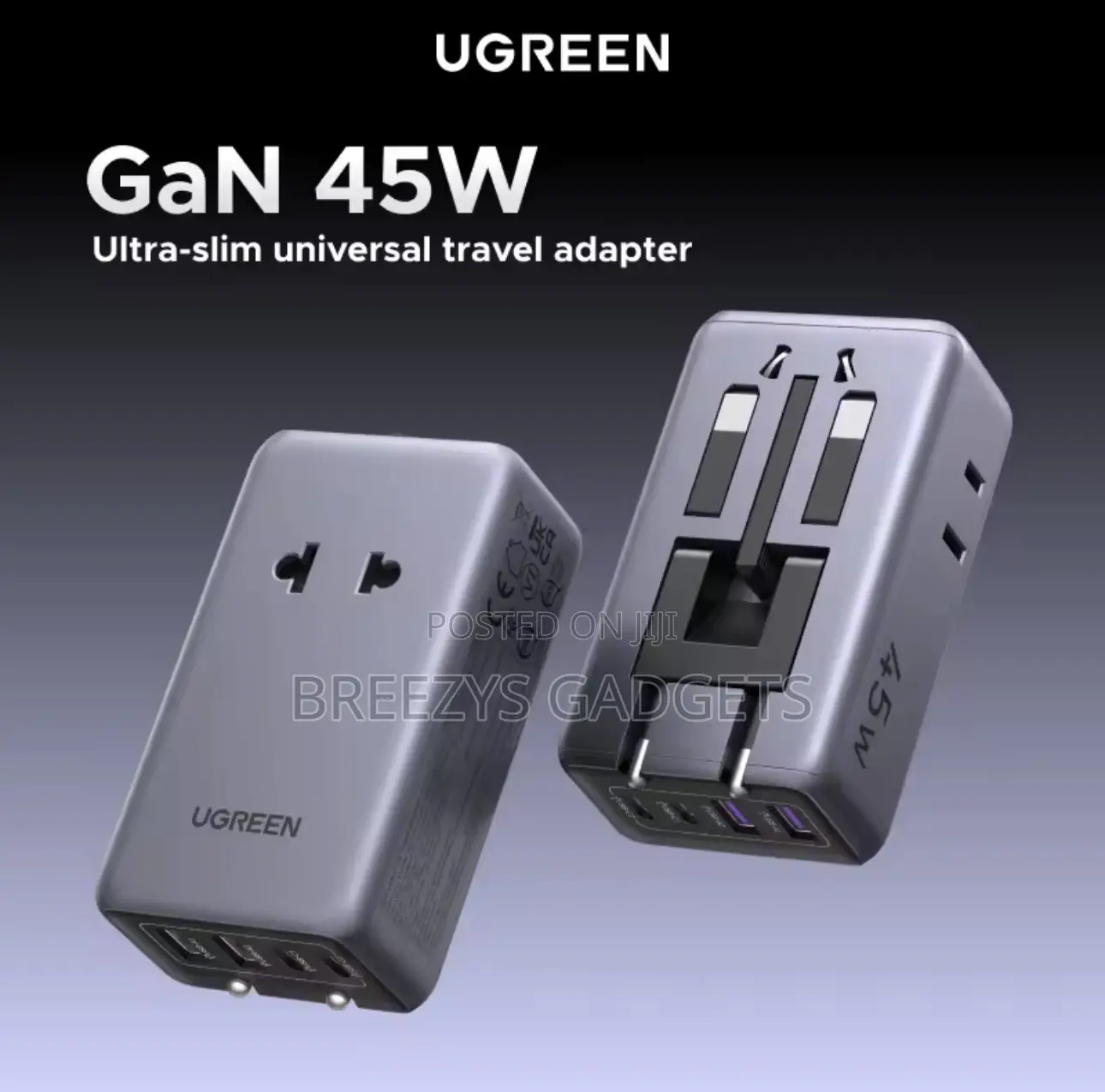 UGREEN Plug Adaptor GaN 45W Universal Travel Charger Adapter With 2USB