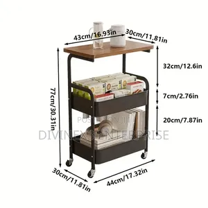 3-Tier Rolling Storage Cart With Wooden Tabletop