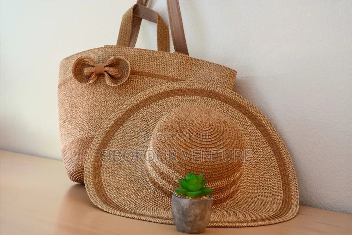 Straw Hat and Straw Bag Two-Piece Set Sun Hat Large Capacity Tote Bag