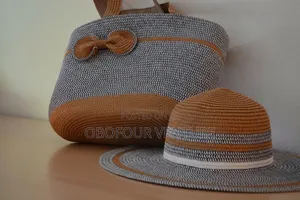 Two-Tone! Straw Hat and Straw Bag Two-Piece Set Sun Hat Large