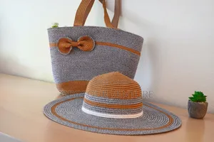 Two-Tone! Straw Hat and Straw Bag Two-Piece Set Sun Hat Large