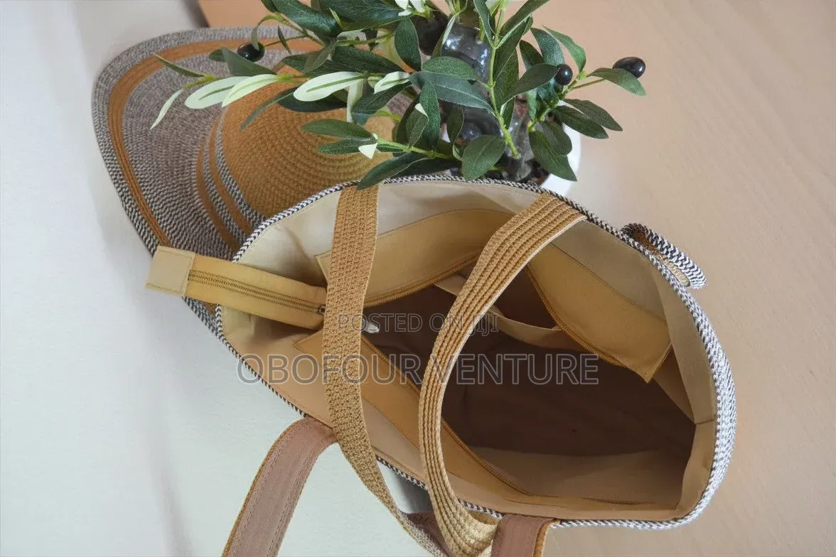 Two-Tone! Straw Hat and Straw Bag Two-Piece Set Sun Hat Large