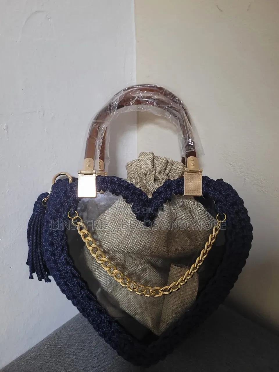 Navy Heart Crochet Bag