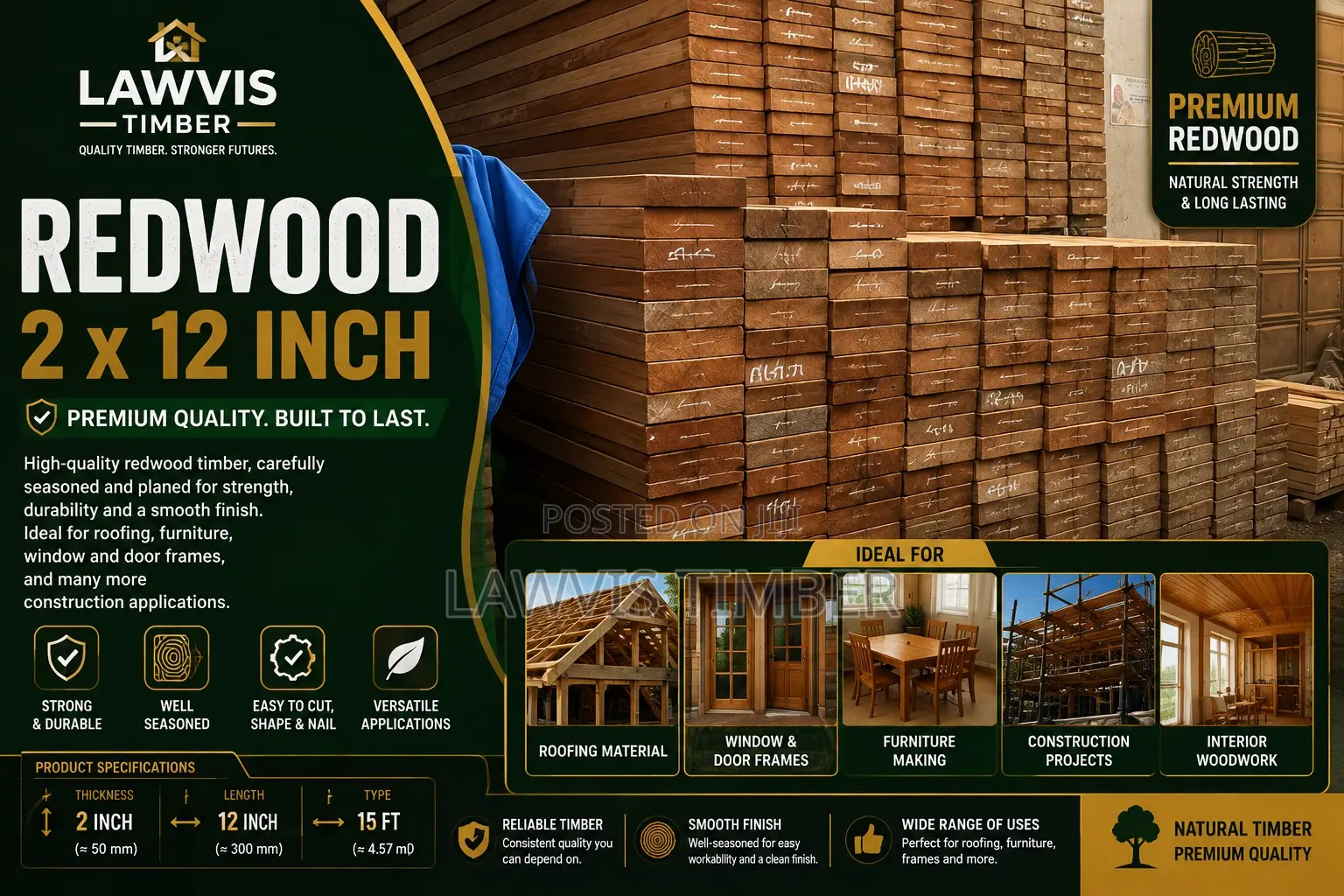 Redwood Timber 2” × 12” × 15’Strong, Durable Professionally Seasoned