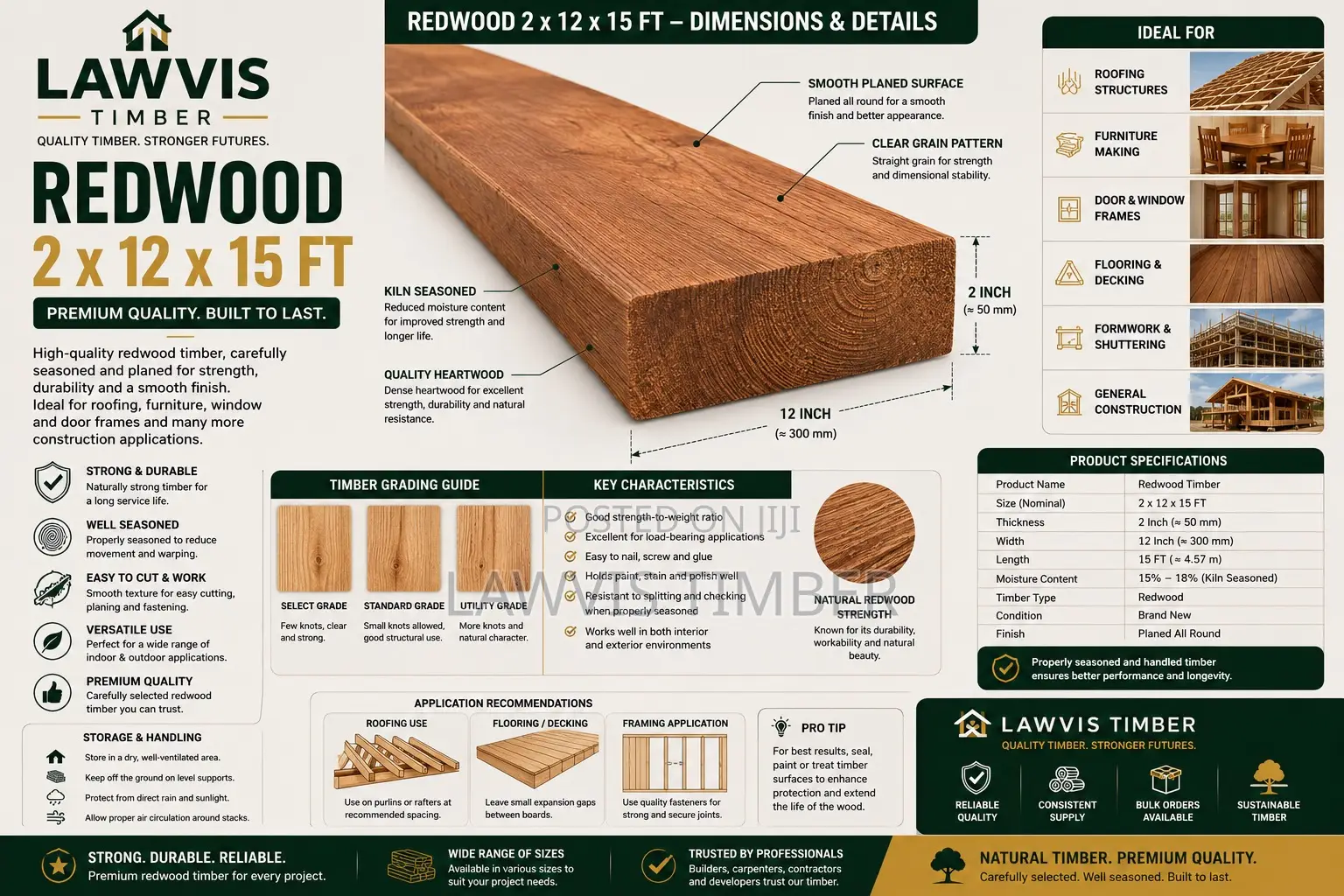 Redwood Timber 2” × 12” × 15’Strong, Durable Professionally Seasoned
