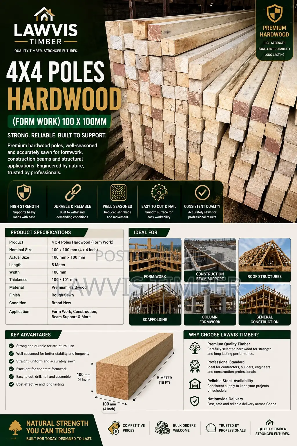 4×4 Hardwood Poles (100 × 100 Mm | 5 M)