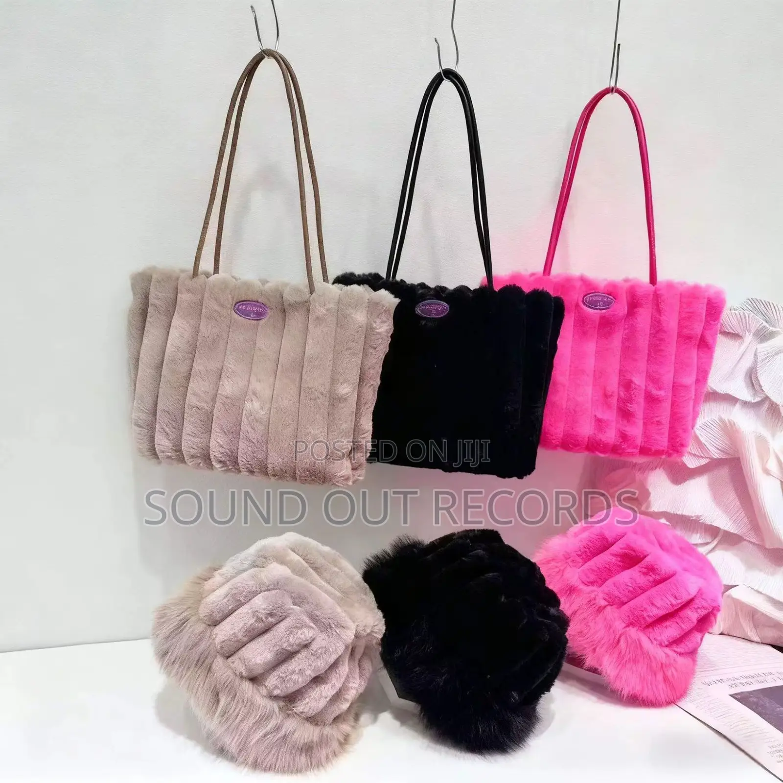 Plush Fur Casual Tote Bag Hat Set
