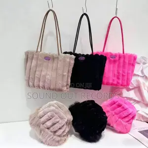 Plush Fur Casual Tote Bag Hat Set