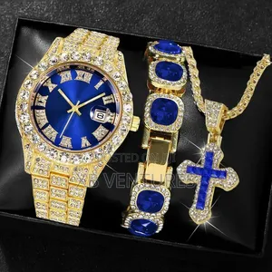Men's Gold Luxury Jewelry Set - Watch + Bracelet + Cross Necklace