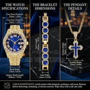 Men's Gold Luxury Jewelry Set - Watch + Bracelet + Cross Necklace