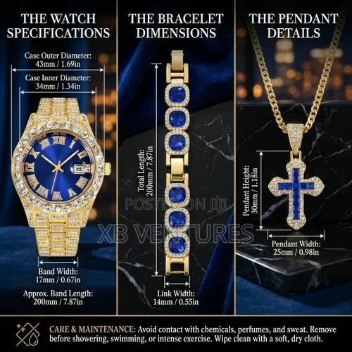 Men's Gold Luxury Jewelry Set - Watch + Bracelet + Cross Necklace