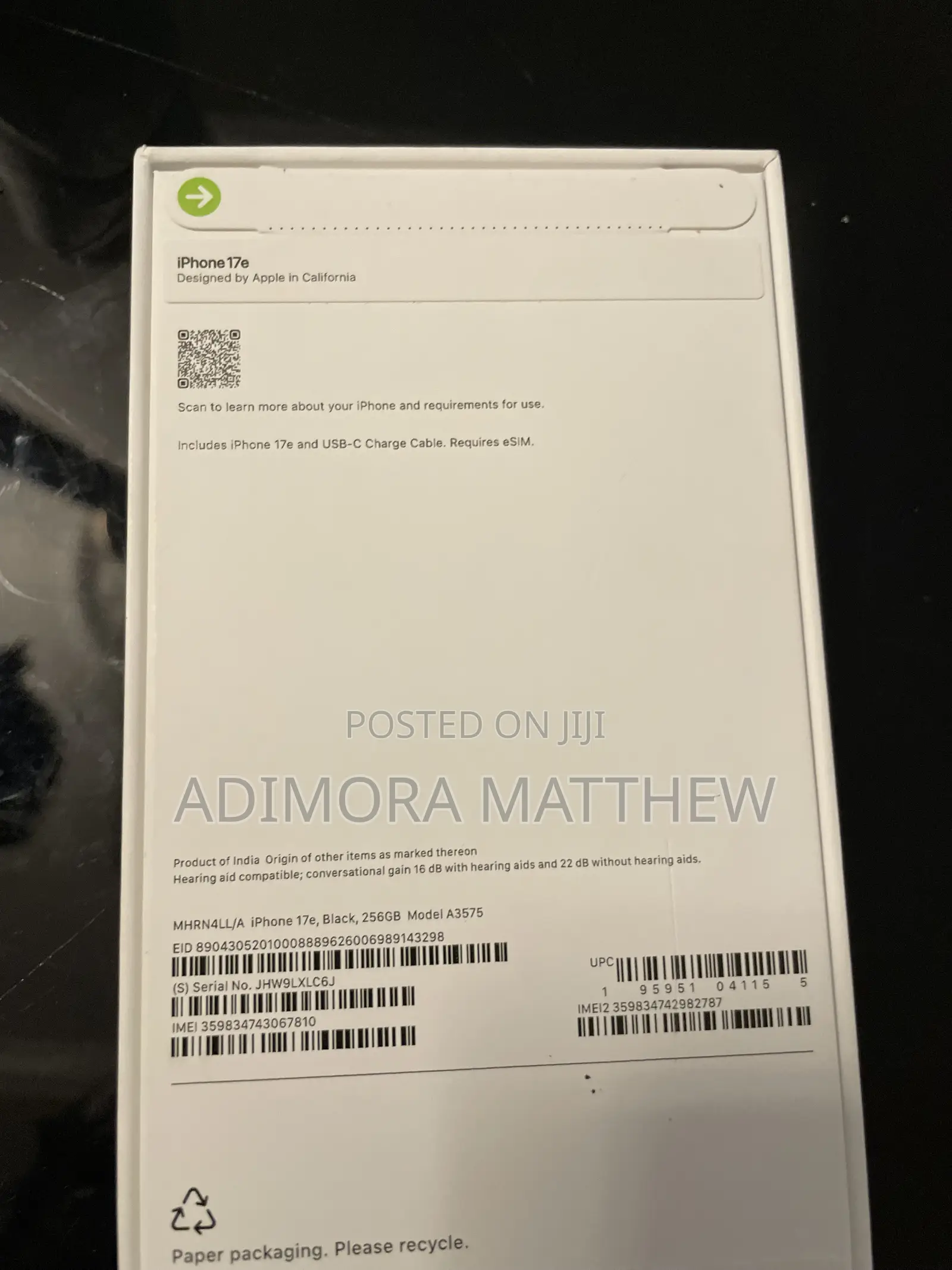 New Apple iPhone 17e 256 GB Black